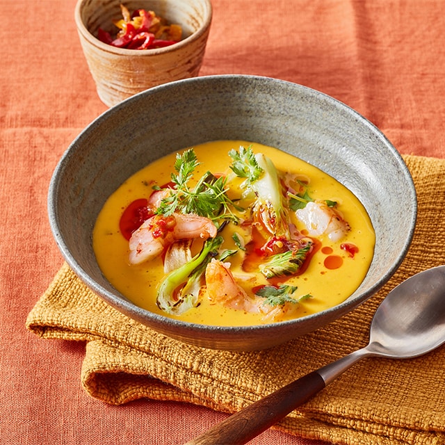 Thaise zoete aardappel met paksoi en gamba’s